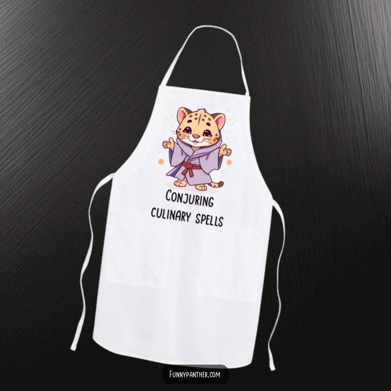 Funny apron featuring a whimsical panther in mystical robes, casting a shower of stardust.