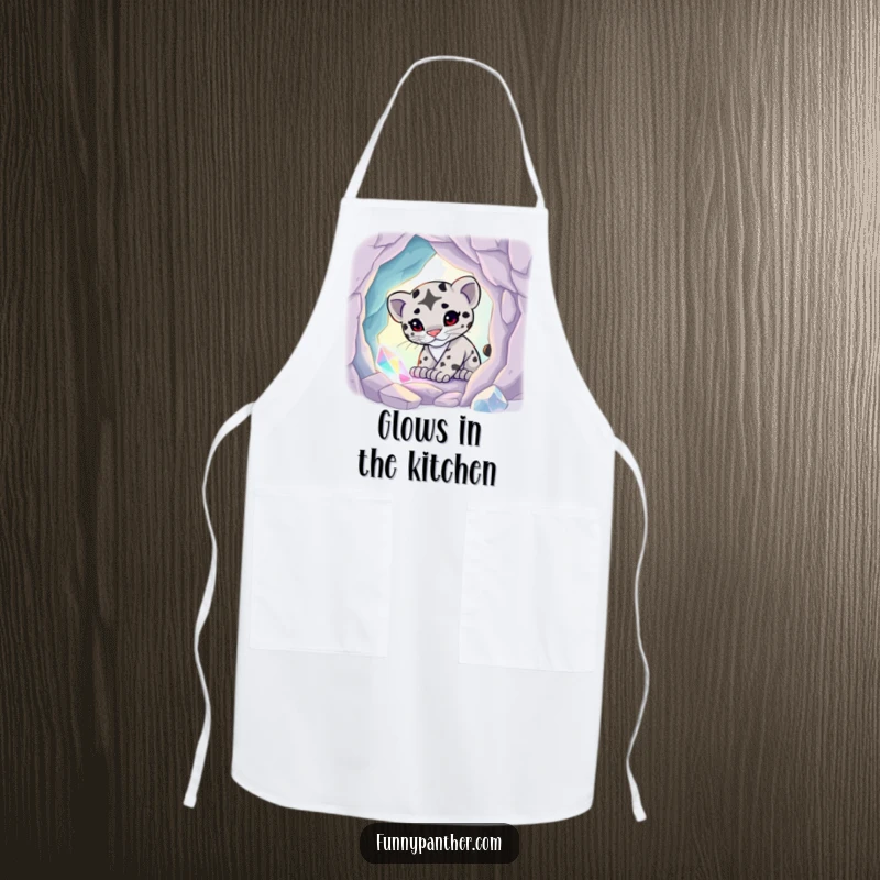Funny apron adorned with a playful panther cub exploring a luminous, magical crystal cave, perfect for enchanted cooking.