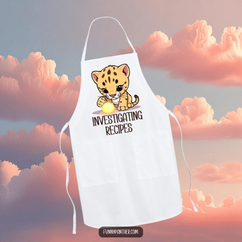 Funny panther cub character apron, investigating a glowing object, bringing a touch of humorous curiosity to the kitchen.