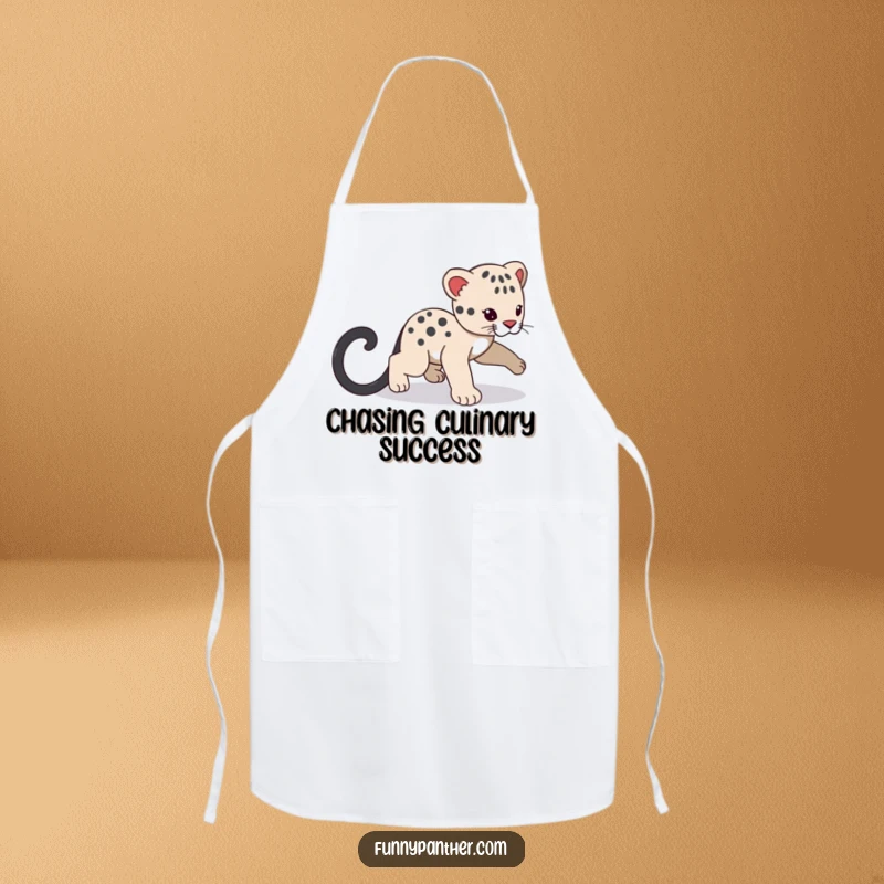 Funny panther cub character apron, playfully chasing its tail, bringing a touch of humorous cuteness to the kitchen.