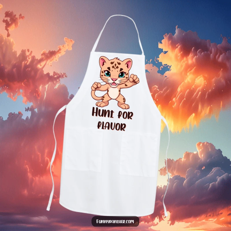 Funny Apron with a powerful and alert panther graphic. Perfect for chefs and home cooks who love a bit of humor.