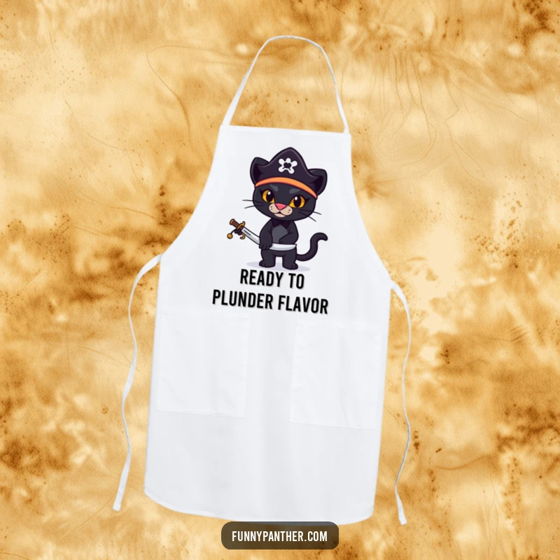Funny apron featuring a black panther in a pirate hat, brandishing a miniature sword, ready for kitchen adventures.