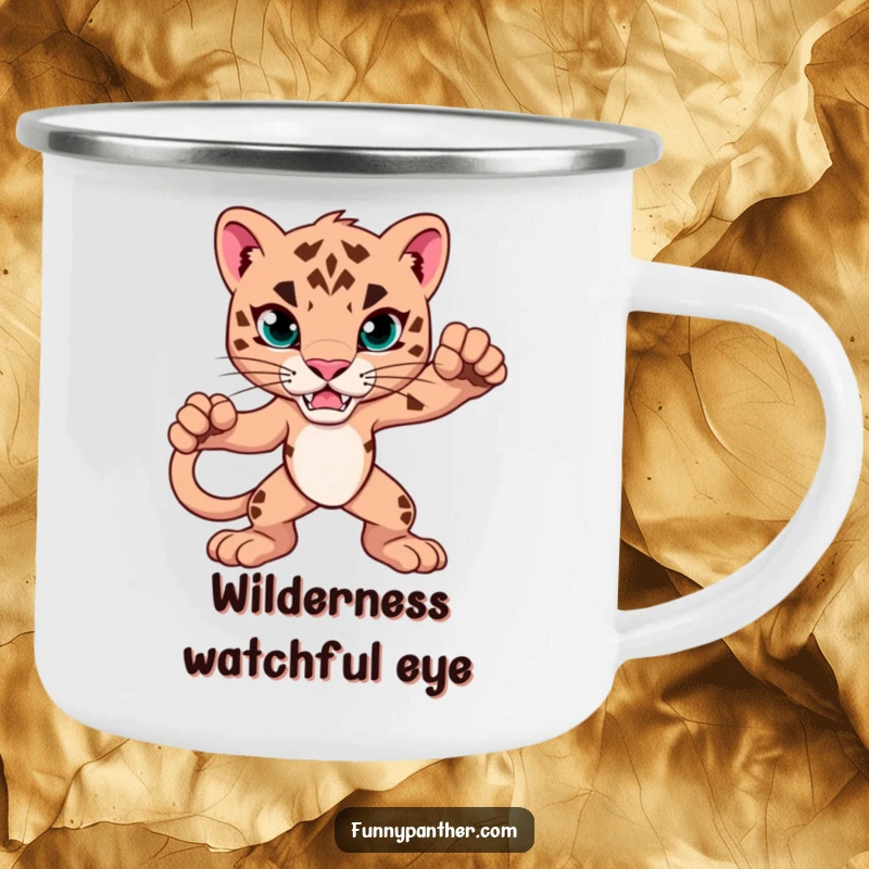 Funny Camping Mug with a powerful, alert panther. Durable and humorous, perfect for outdoor adventures and hot beverages.