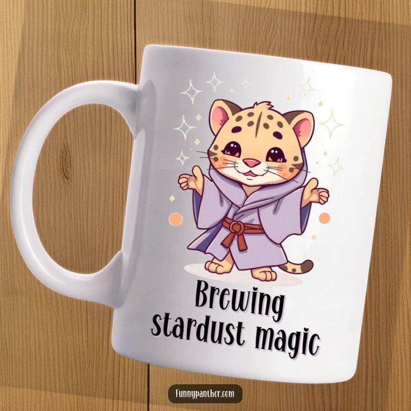 Funny mug featuring a whimsical panther in mystical robes, casting a shower of sparkling stardust with magical flair.