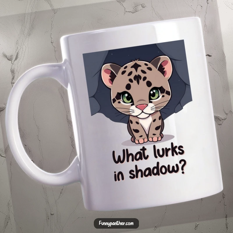 Funny mug with a curious panther cub peeking into the dark, symbolizing wonder and exploration, a perfect gift.