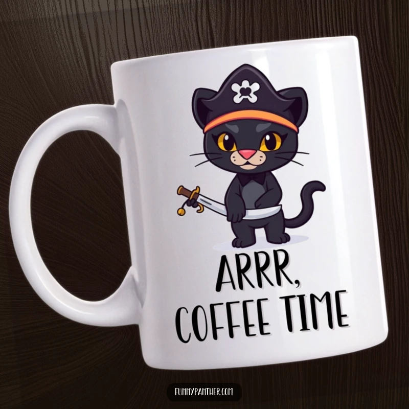 Funny mug depicting a stylized black panther wearing a tiny pirate hat and brandishing a miniature sword, ready for buccaneering.