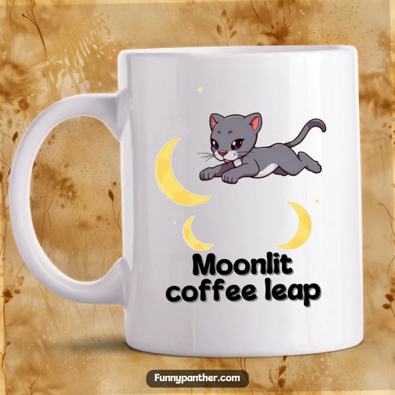 Funny mug showing a sleek panther character leaping gracefully over stylized crescent moons, embodying nocturnal elegance.