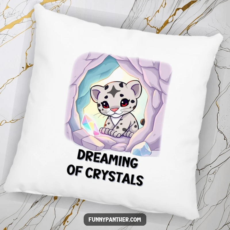 Funny pillow showing a playful panther cub exploring a glowing crystal cave, adding a magical and cozy touch.