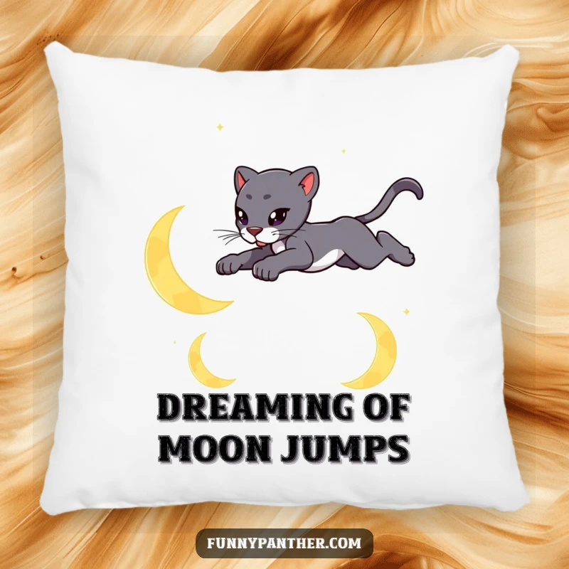 Funny pillow featuring a sleek panther leaping gracefully over stylized crescent moons, perfect for a magical touch.