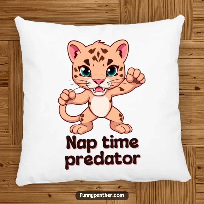 Funny Pillow featuring a panther in a powerful, alert posture. A comfortable and humorous decorative accent for sofas and beds.