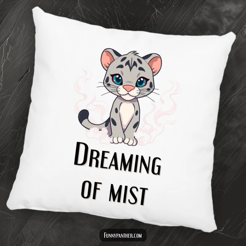 Funny panther character pillow, emerging from mist with confidence, offering luxurious comfort and a touch of dark humor.