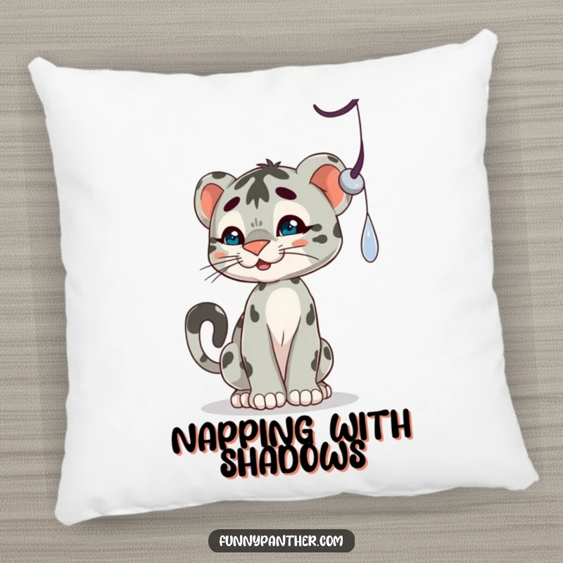 Funny pillow with a playful panther cub character batting at a dangling shadow, bringing comfort and adorable mischief.