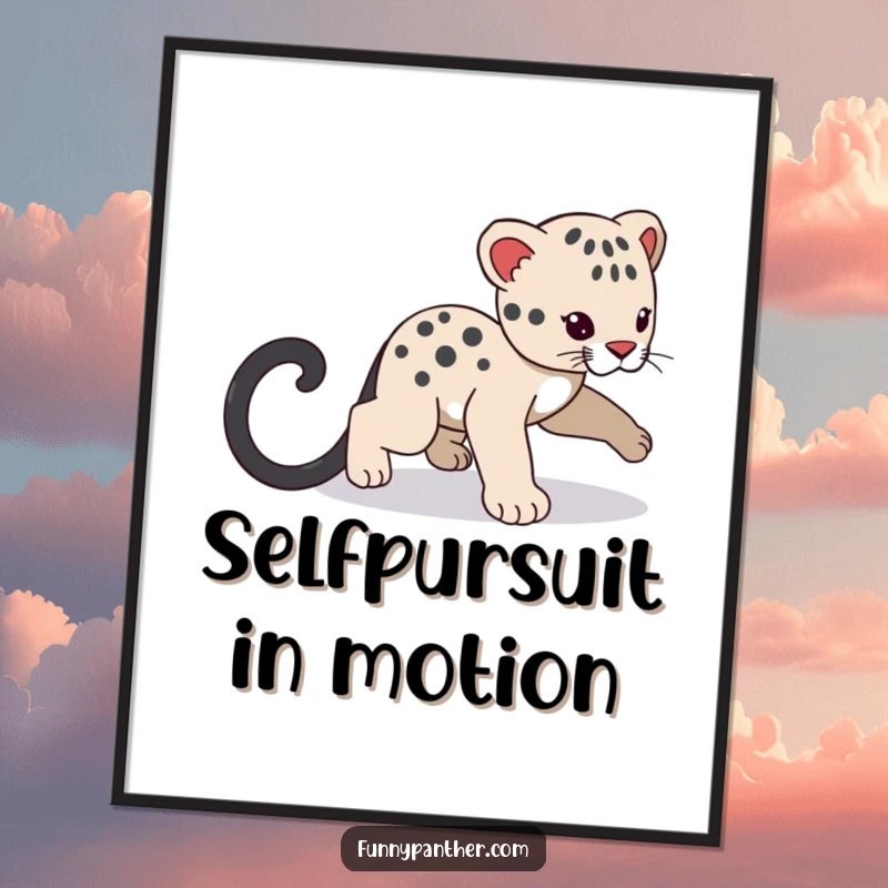 Funny panther cub character digital art print, playfully chasing its shadowy tail, a delightful piece for instant cute decor.