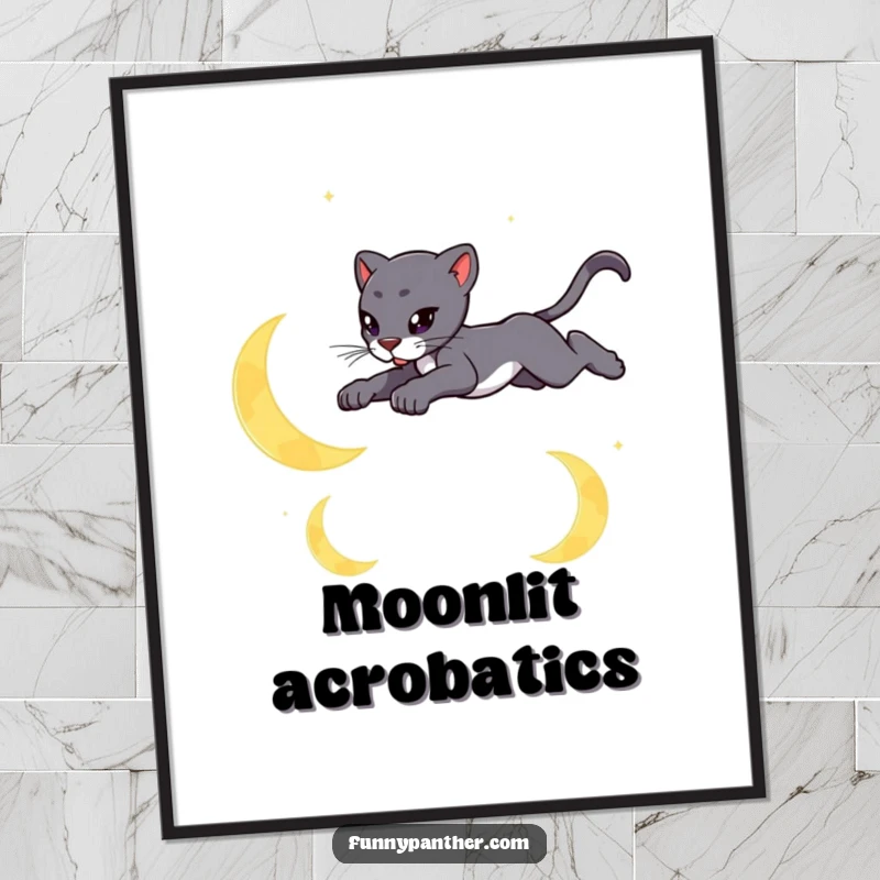Funny digital art print of a sleek panther leaping gracefully over stylized crescent moons, capturing nocturnal elegance.