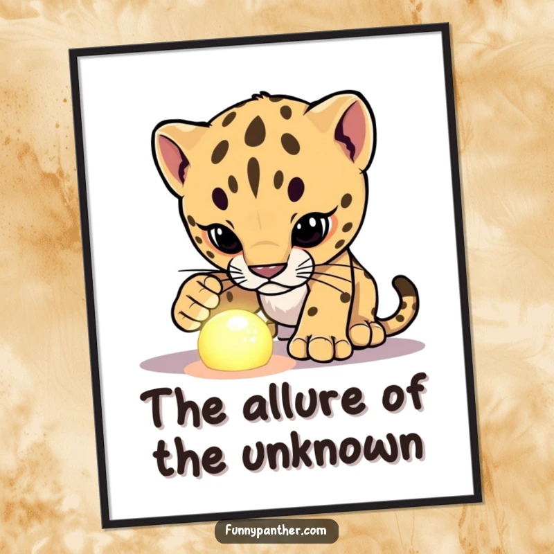 Funny panther cub character digital art print, investigating a glowing object, a delightful piece for instant intriguing decor.