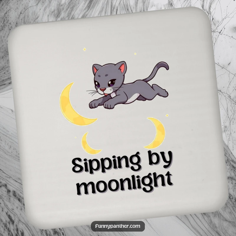 Funny drink coaster with a sleek panther leaping gracefully over stylized crescent moons.