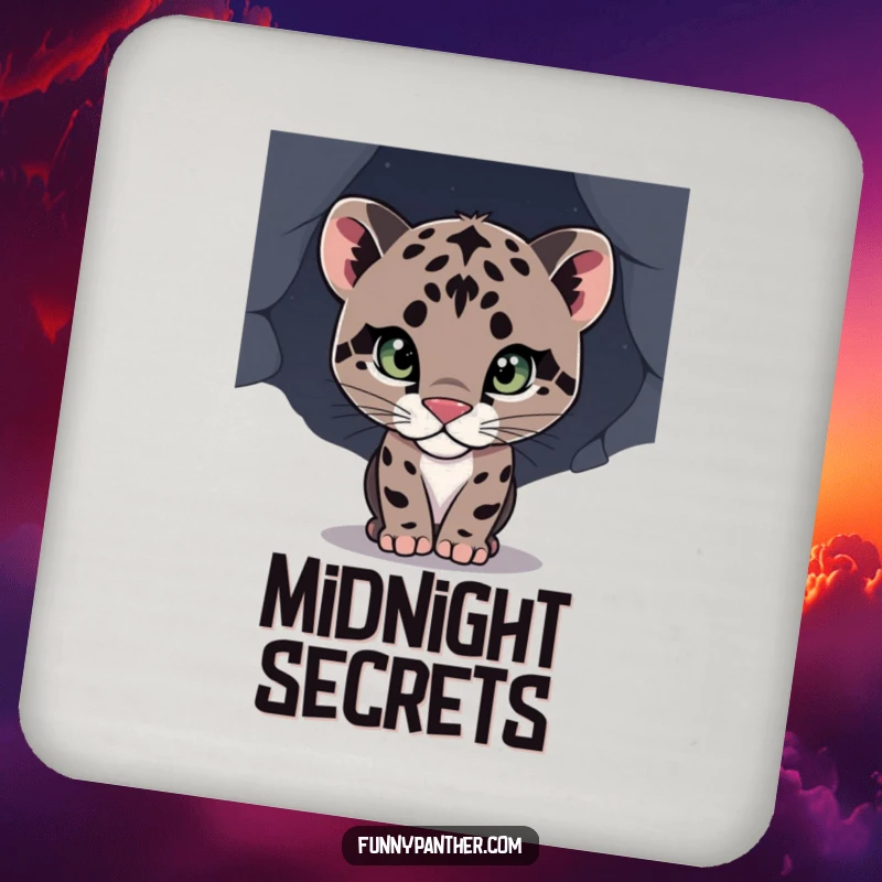 Funny drink coaster featuring a curious panther cub peeking, protecting surfaces with a touch of wild charm, a great funny gift.
