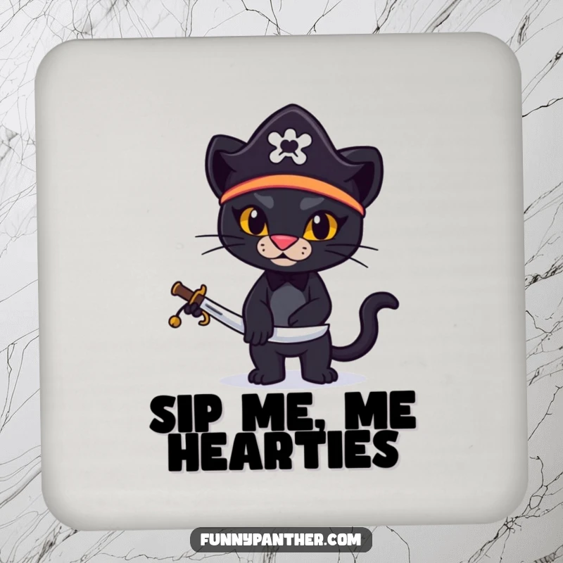 Funny drink coaster with a stylized black panther wearing a pirate hat and holding a miniature sword.