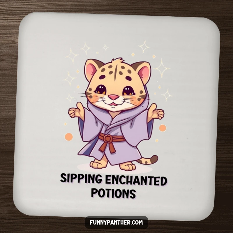 Funny drink coaster with a whimsical panther in mystical robes, casting a shower of stardust.