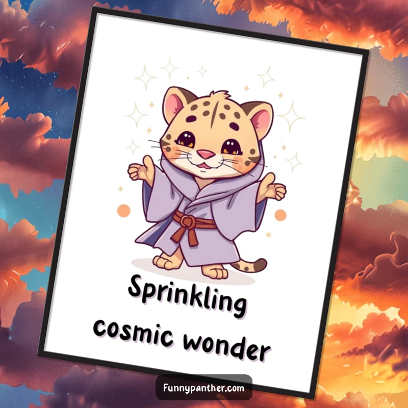 Funny poster of a whimsical panther in mystical robes, casting a shower of glittering stardust.