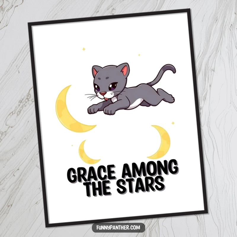 Funny poster of a sleek panther leaping gracefully over stylized crescent moons, capturing nocturnal beauty.