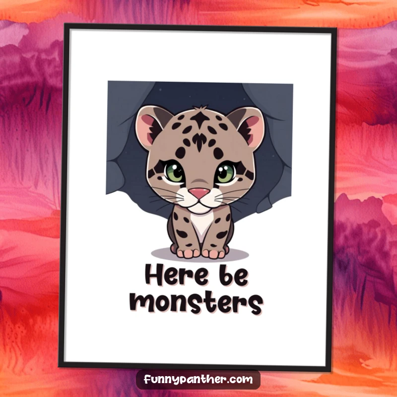 Funny poster art of a curious panther cub peering into the unknown, adding a touch of mystery and wildness to any room.