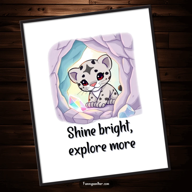 Funny poster of a playful panther cub discovering a magical, luminous crystal cave, glowing with ethereal light.
