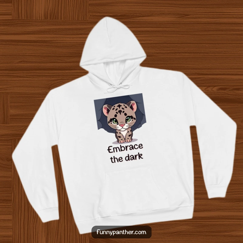 Funny hoodie featuring a cute panther cub peeking into darkness, embodying curiosity and comfort, an ideal funny gift.