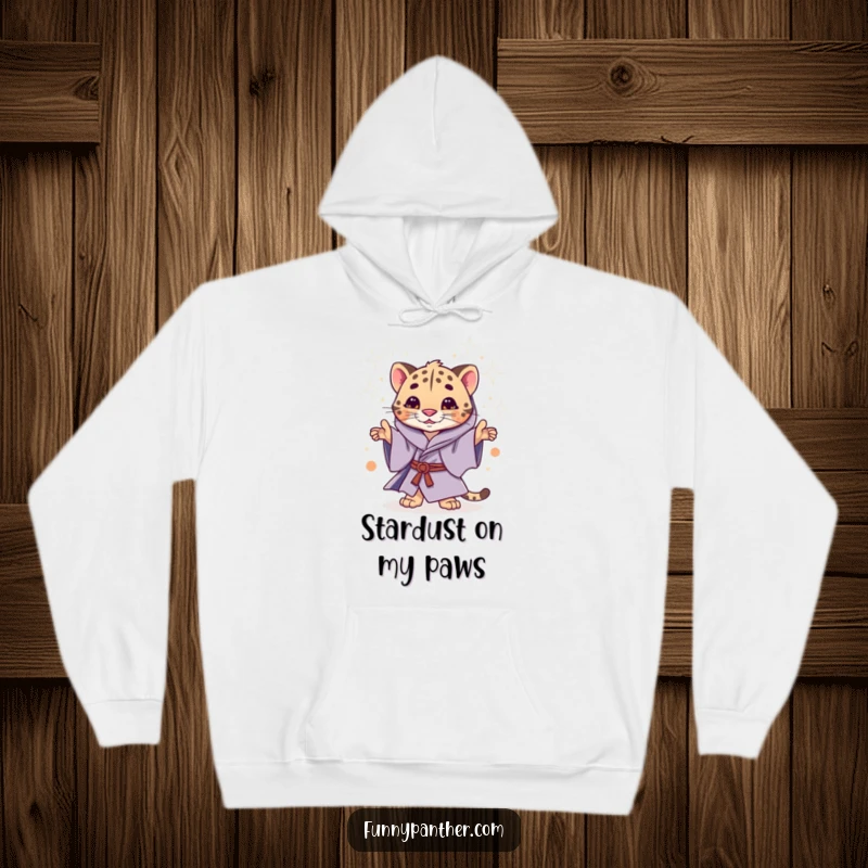 Funny hoodie depicting a whimsical panther in mystical robes, casting a magical shower of stardust.