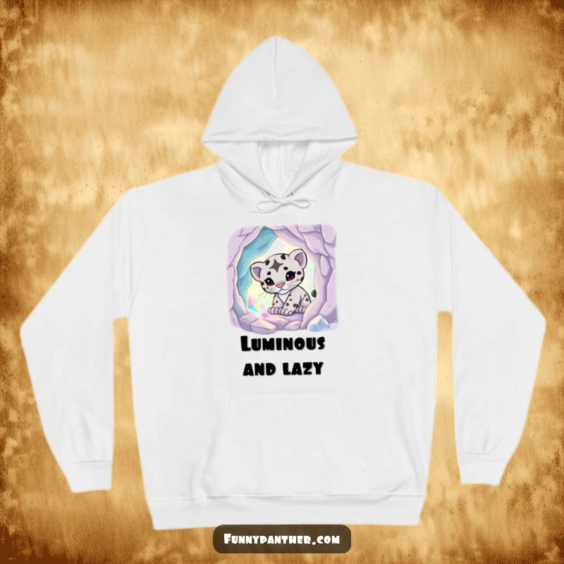 Funny hoodie depicting a curious panther cub adventuring in a brightly glowing crystal cave, cozy and mystical.