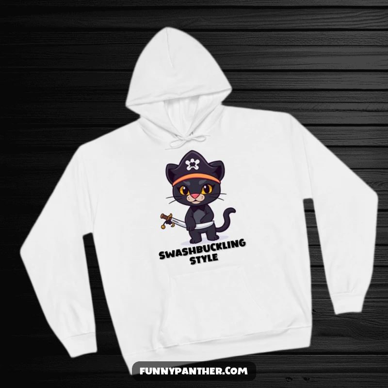 Funny hoodie depicting a stylized black panther wearing a small pirate hat and holding a miniature sword, exuding pirate charm.