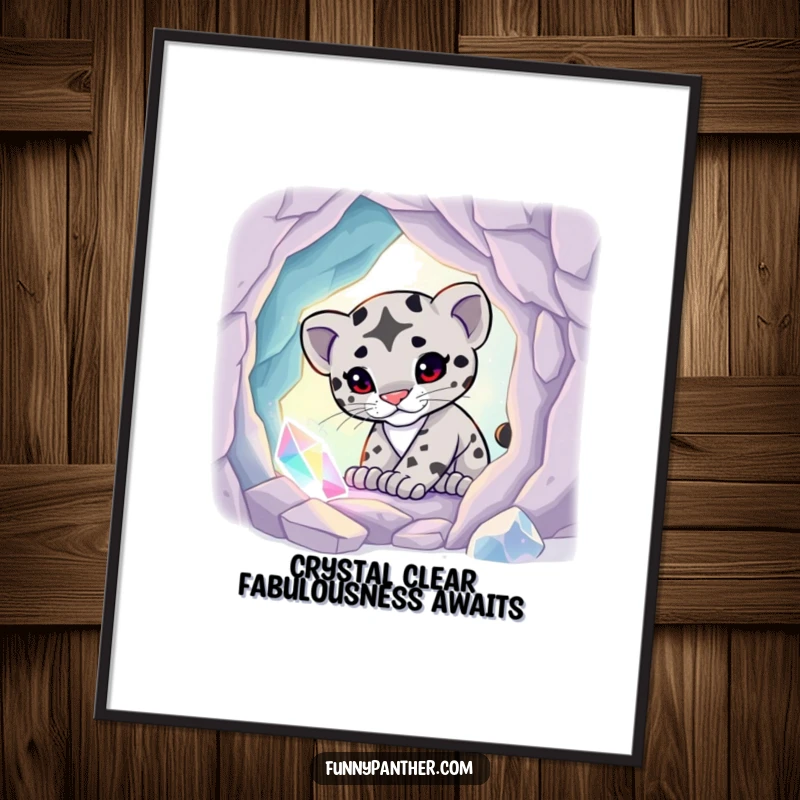 Funny Free Printable Wall Art of a curious panther cub exploring a glowing crystal cave, bringing whimsical charm to any room.