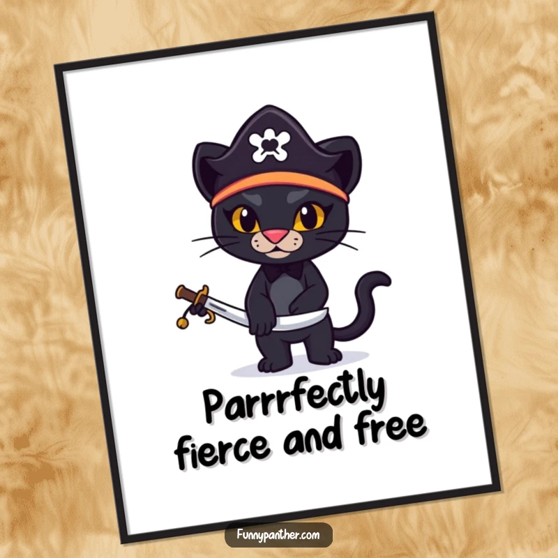 Funny Free Printable Wall Art of a stylized black panther wearing a pirate hat and holding a miniature sword.
