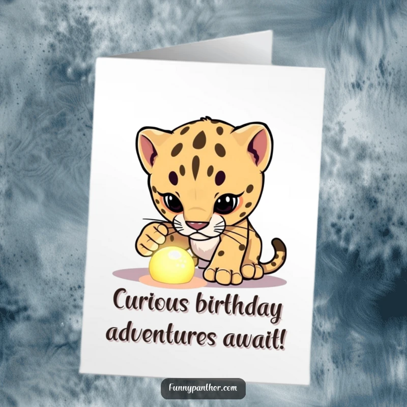 Funny Free Printable Birthday Card: A curious panther cub cautiously investigating a brightly glowing, mysterious object.