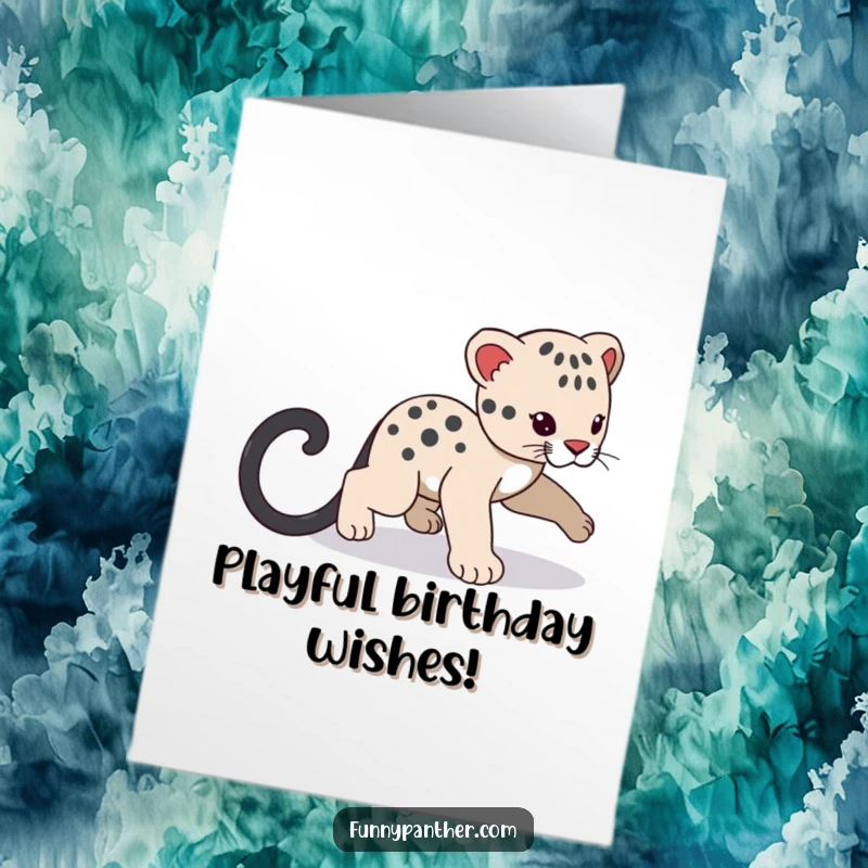 Funny Free Printable Birthday Card: A cute panther cub playfully spinning in circles chasing its own shadowy tail.