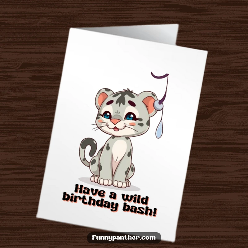 Funny Free Printable Birthday Card: A playful panther cub character batting at a dangling shadow with curiosity.