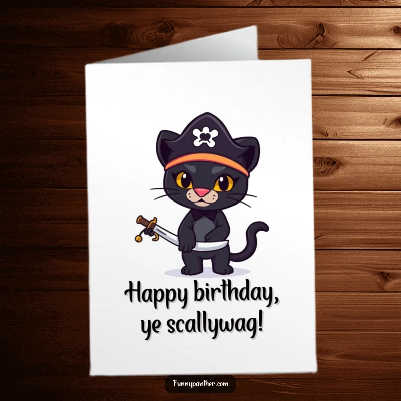Funny Free Printable Birthday Card featuring a stylized black panther in a tiny pirate hat brandishing a miniature sword.