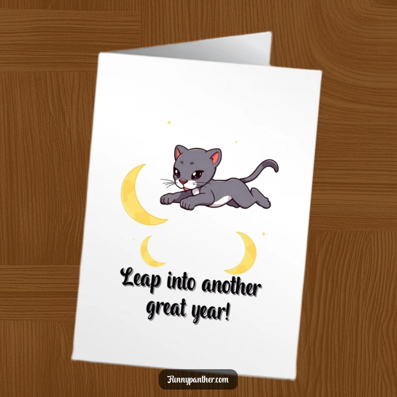 Free Printable Birthday Card featuring a sleek panther character gracefully leaping over stylized crescent moons.