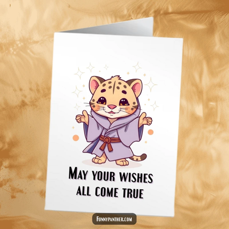 Free Printable Birthday Card featuring a whimsical panther in mystical robes casting a shower of stardust.