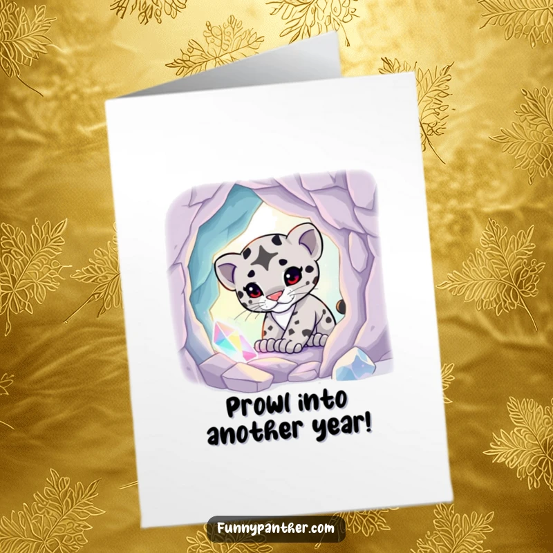 Funny Free Printable Birthday Card featuring a curious panther cub exploring a glowing crystal cave, ready to send joyous wishes.