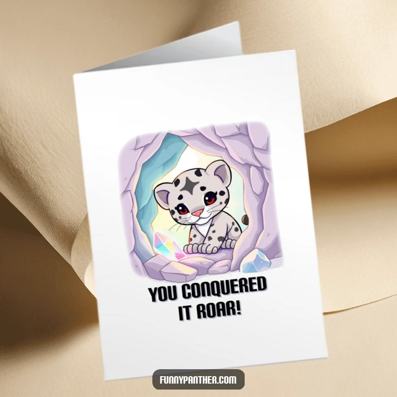 Funny Free Printable Congrats Card showing an excited panther cub in a luminous crystal cave, perfect for celebrating big wins.