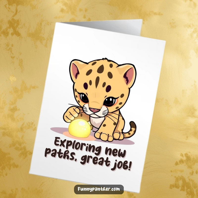 Funny Free Printable Congrats Card: A curious panther cub discovering a wondrous glowing object, symbolizing achievement.