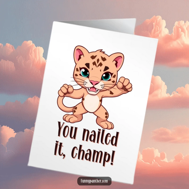 Funny free printable congratulations card showcasing an alert panther striking a powerful pose to convey a roaring success message.