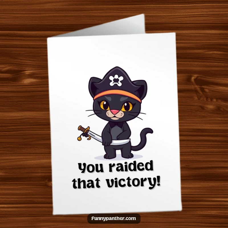 Funny Free Printable Congratulations Card: a stylized black panther pirate with a tiny hat and sword.