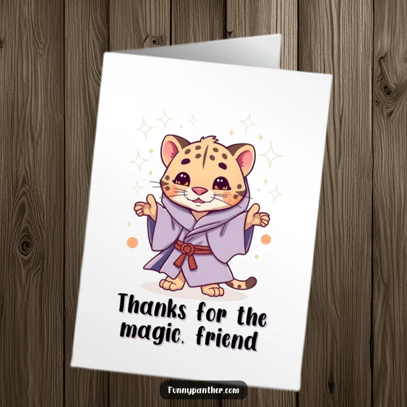 Free Printable Thank You Card featuring a whimsical panther in mystical robes scattering stardust.