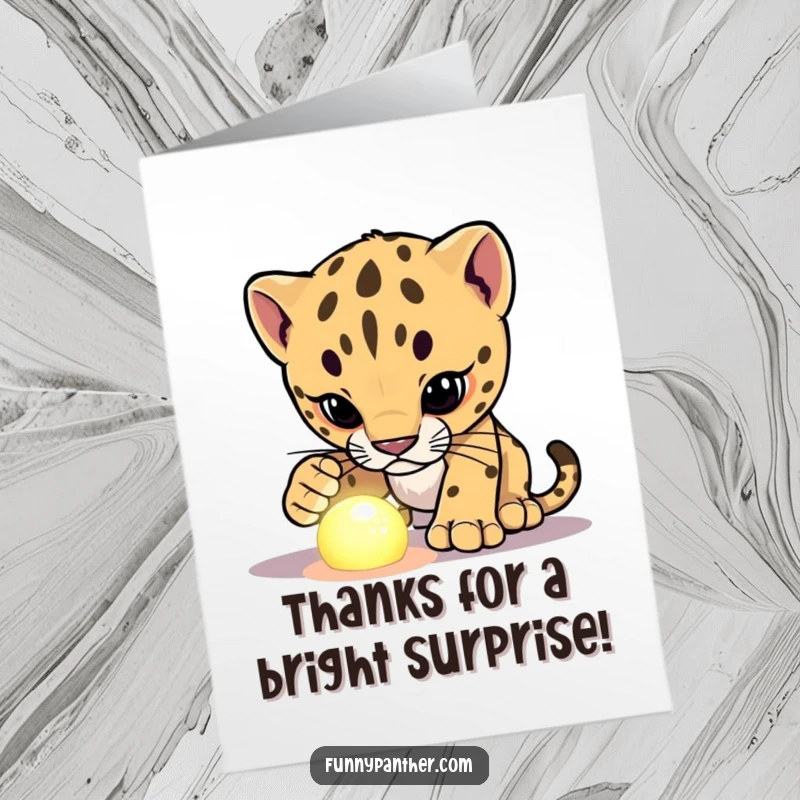 Funny Free Printable Thank You Card: A curious panther cub investigating a mysterious glowing object with wide, amazed eyes.