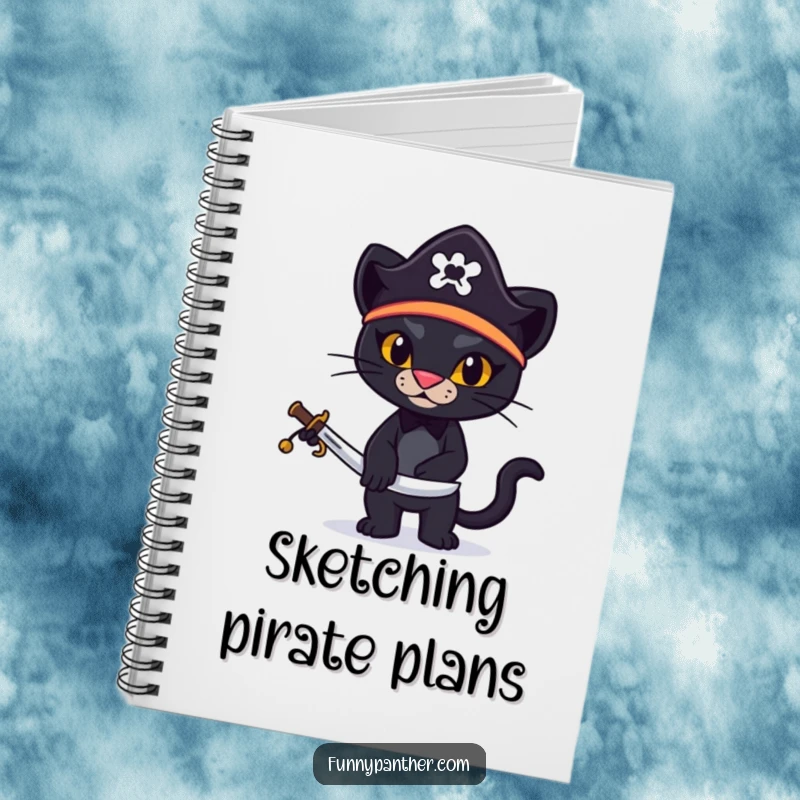 Funny notebook with a stylized black panther wearing a pirate hat and holding a miniature sword, for plotting adventures.