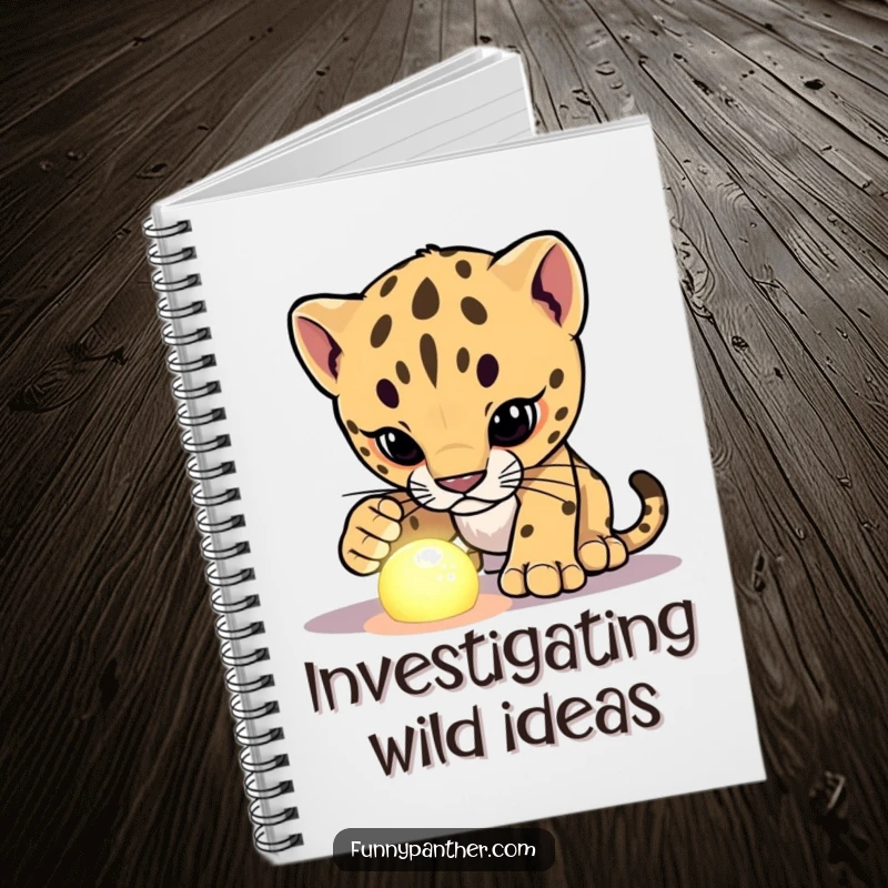 Funny panther cub character notebook cover, investigating a glowing object, inspiring curious and humorous discoveries.