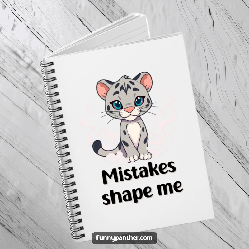 Funny panther character notebook cover, emerging from mist with confidence, inspiring mysterious and powerful thoughts.