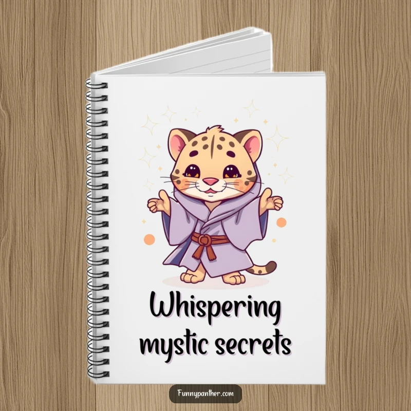 Funny notebook with a whimsical panther in mystical robes, casting a shower of stardust, for magical notes.
